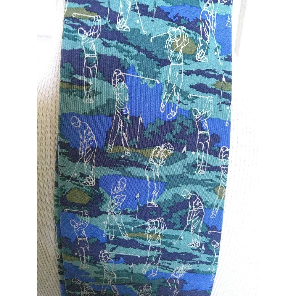 NEW Marja Kurki 100% Silk Tie  Blue and Green Golf Print